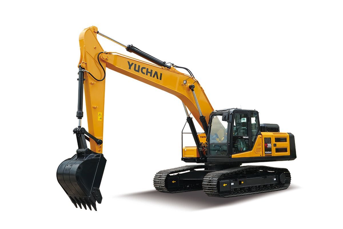 Yellow Yuchai YC205 excavator on black tracks, ready to dig.