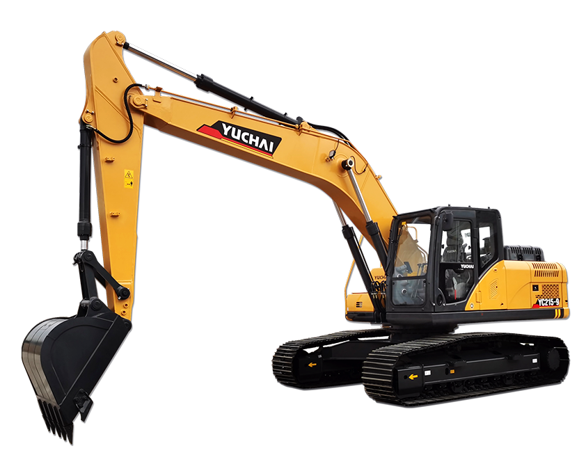 Yellow YUCHAI YC215 excavator with black tracks and bucket against a white background.