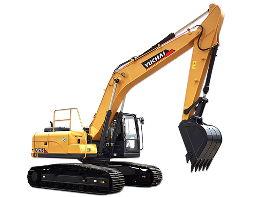 Yellow YUCHAI YC215 excavator on tracks, bucket extended, against a white background.