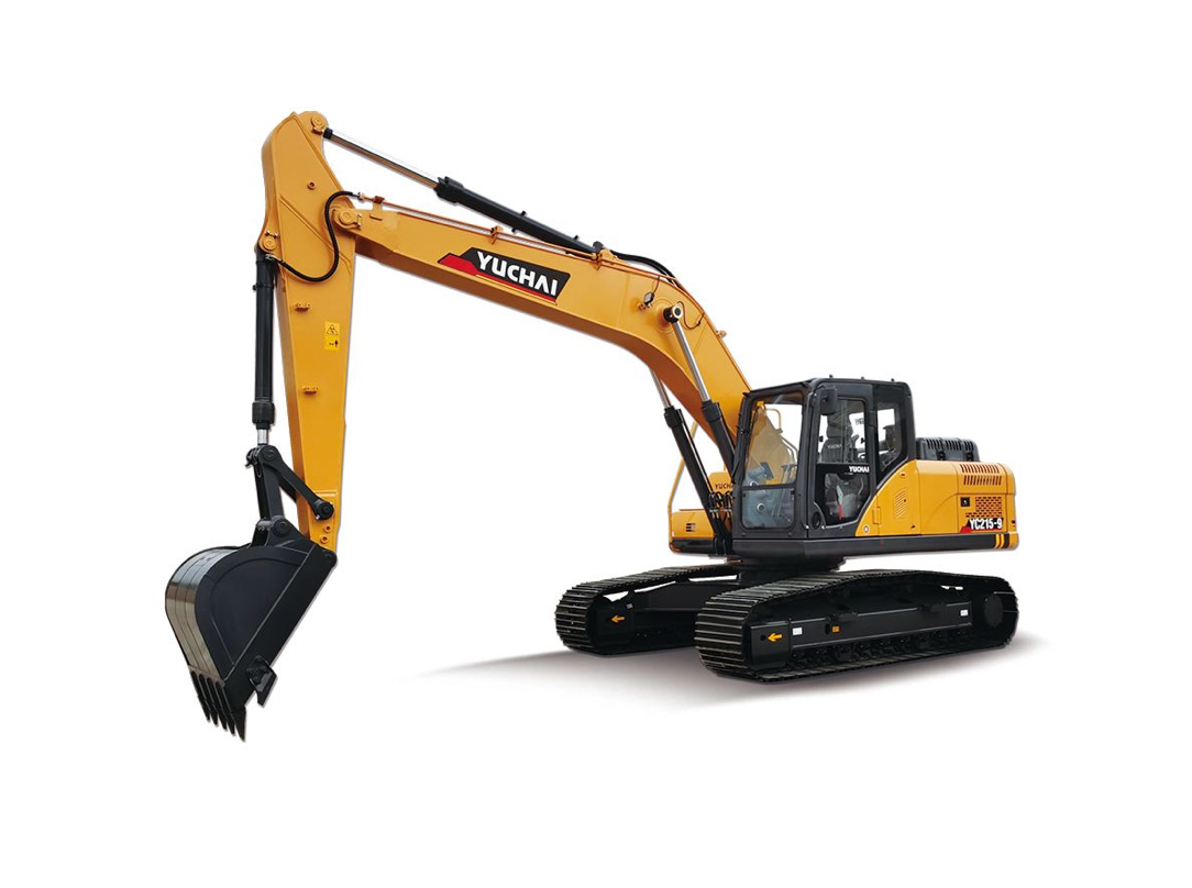 YUCHAI YC215 Yellow excavator with black tracks and bucket on white background.
