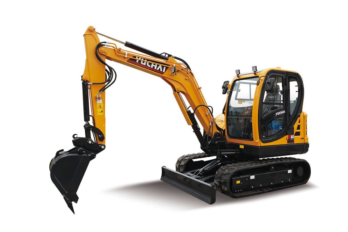 Yellow and black YUCHAI YC60 compact excavator on tracks, with boom extended and bucket lowered.