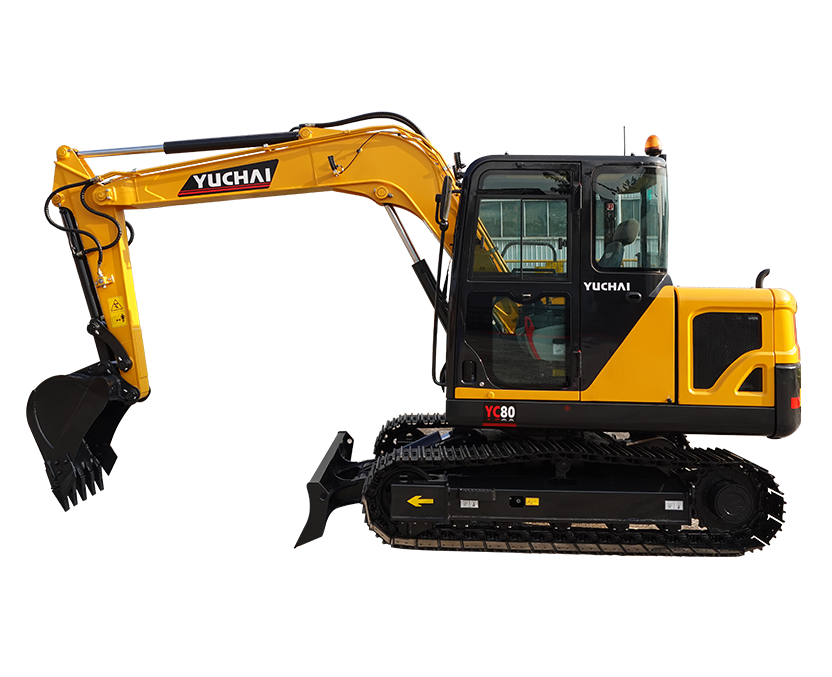 Yellow YUCHAI YC80 excavator with black tracks and a raised arm.