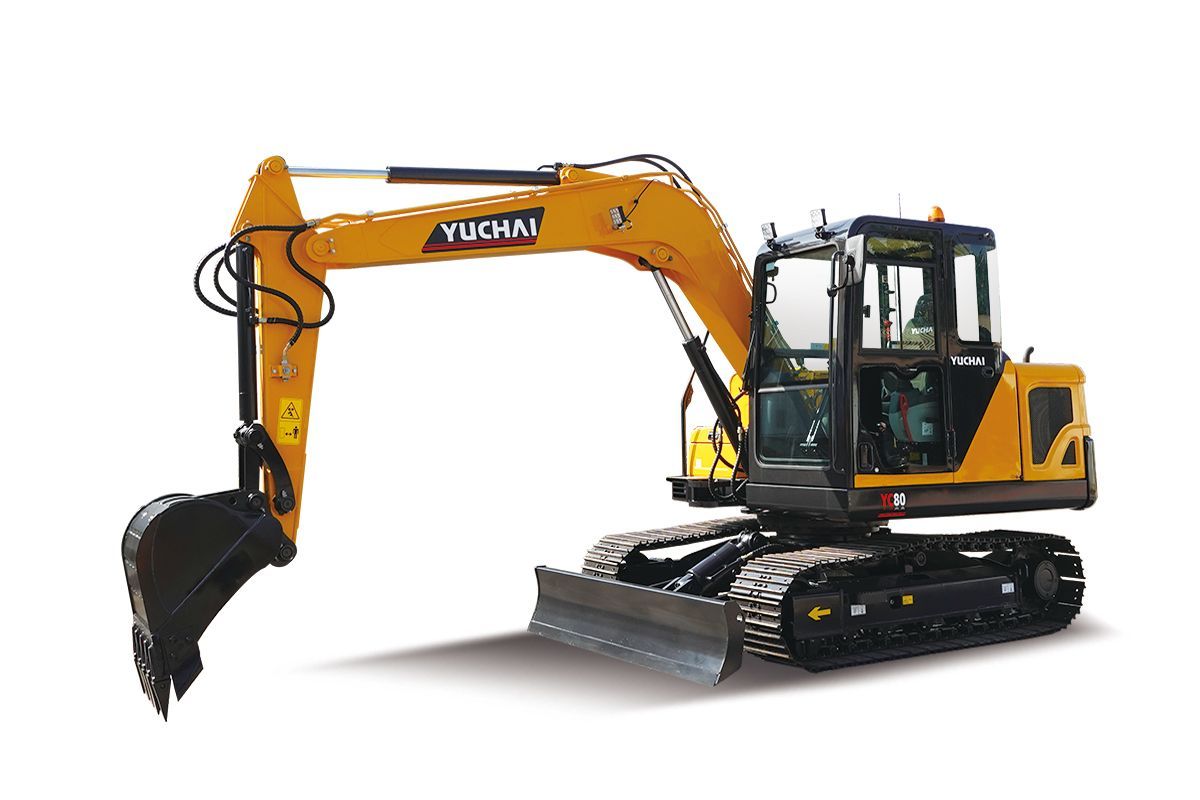 Yellow and black Yuchai YC80 excavator with arm extended, bucket down.