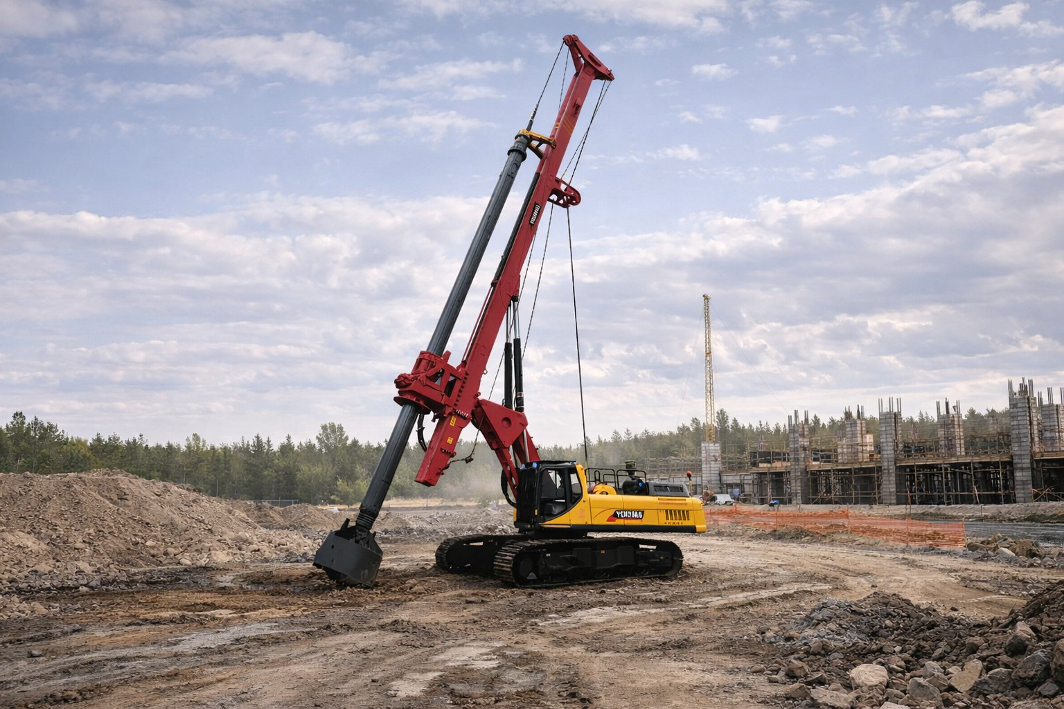 Red and yellow YUCHAI drilling machine at a construction site, boring into the ground.