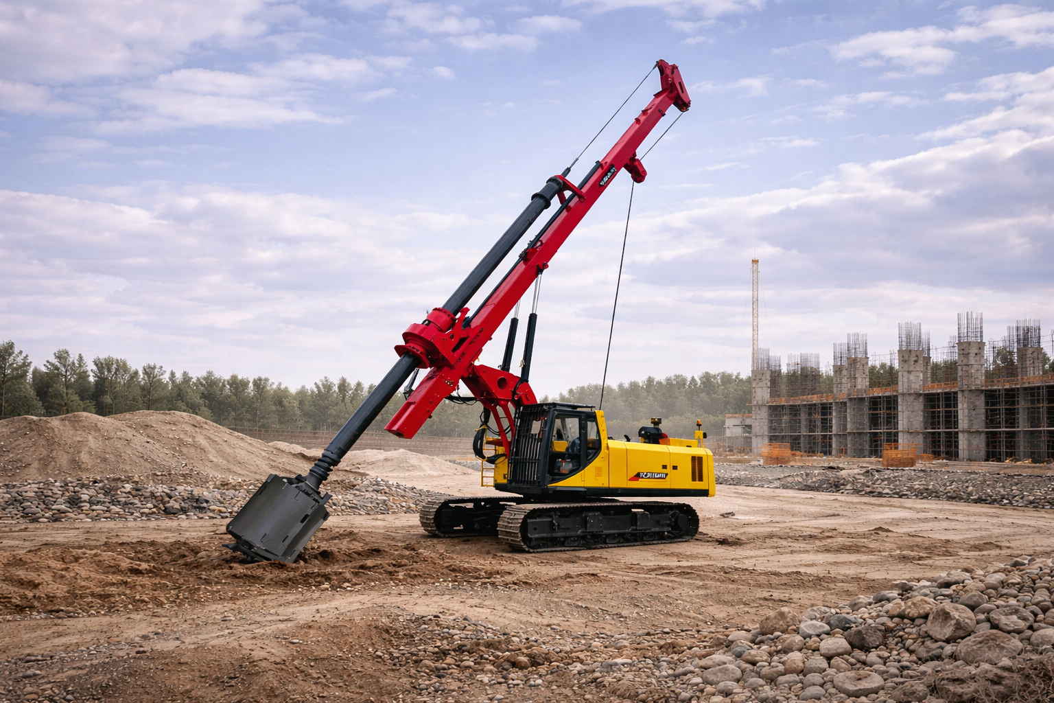 Red and yellow drilling YUCHAI machine on a construction site with a raised drilling arm.