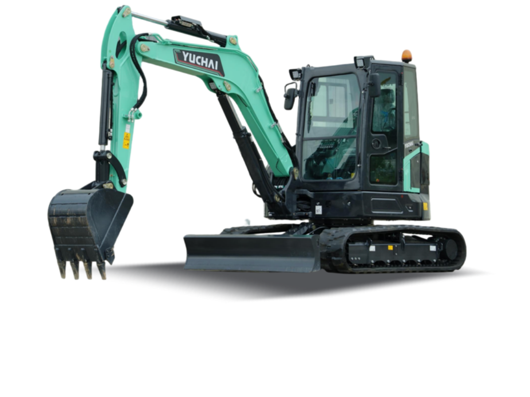 Mint-green excavator with black tracks and bucket isolated on white background