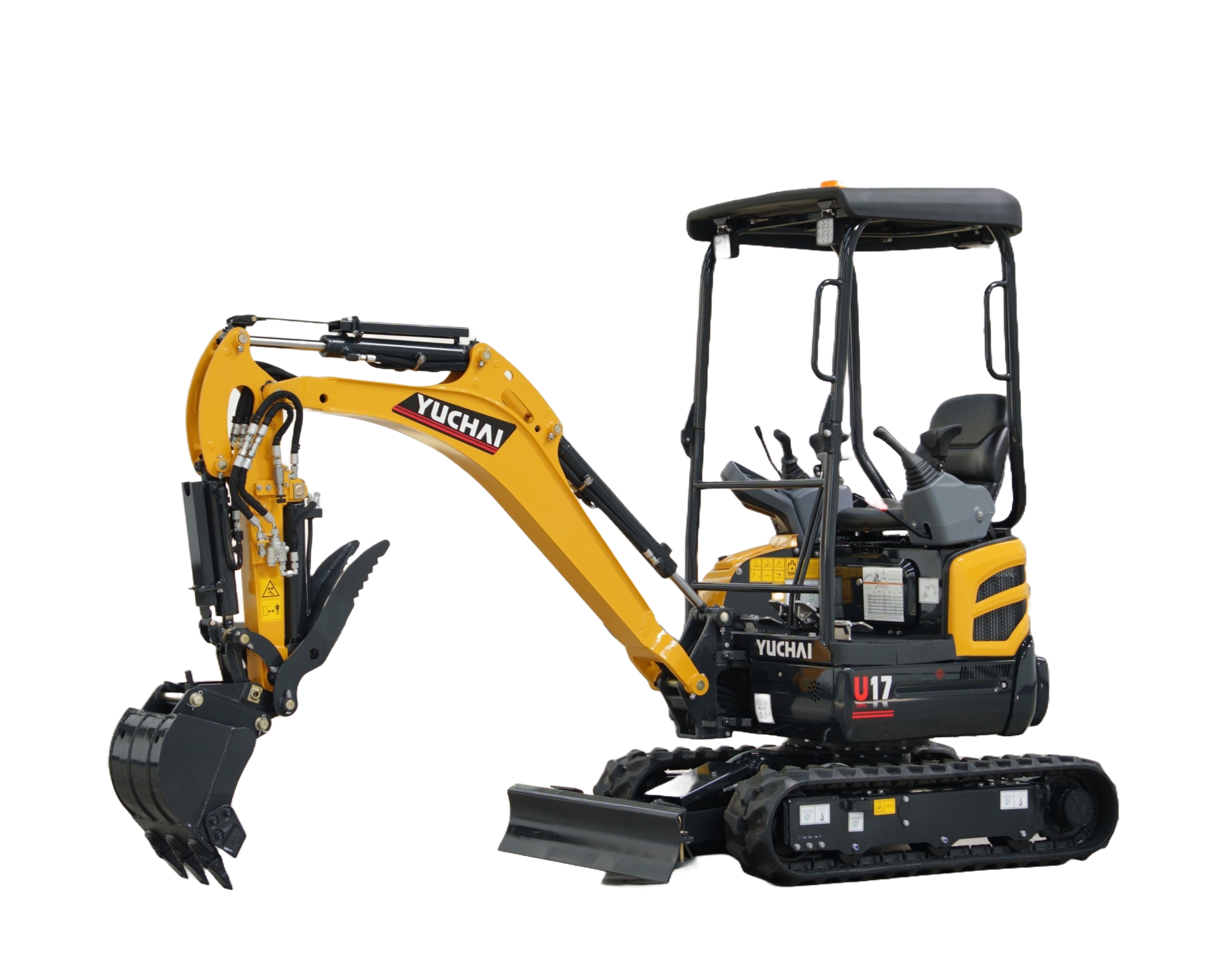 Yellow mini excavator with black tracks and bucket on a white background