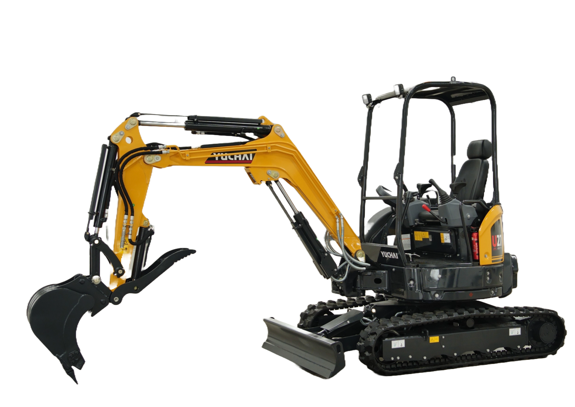 Yellow mini excavator with black tracks and arm, isolated on a white background