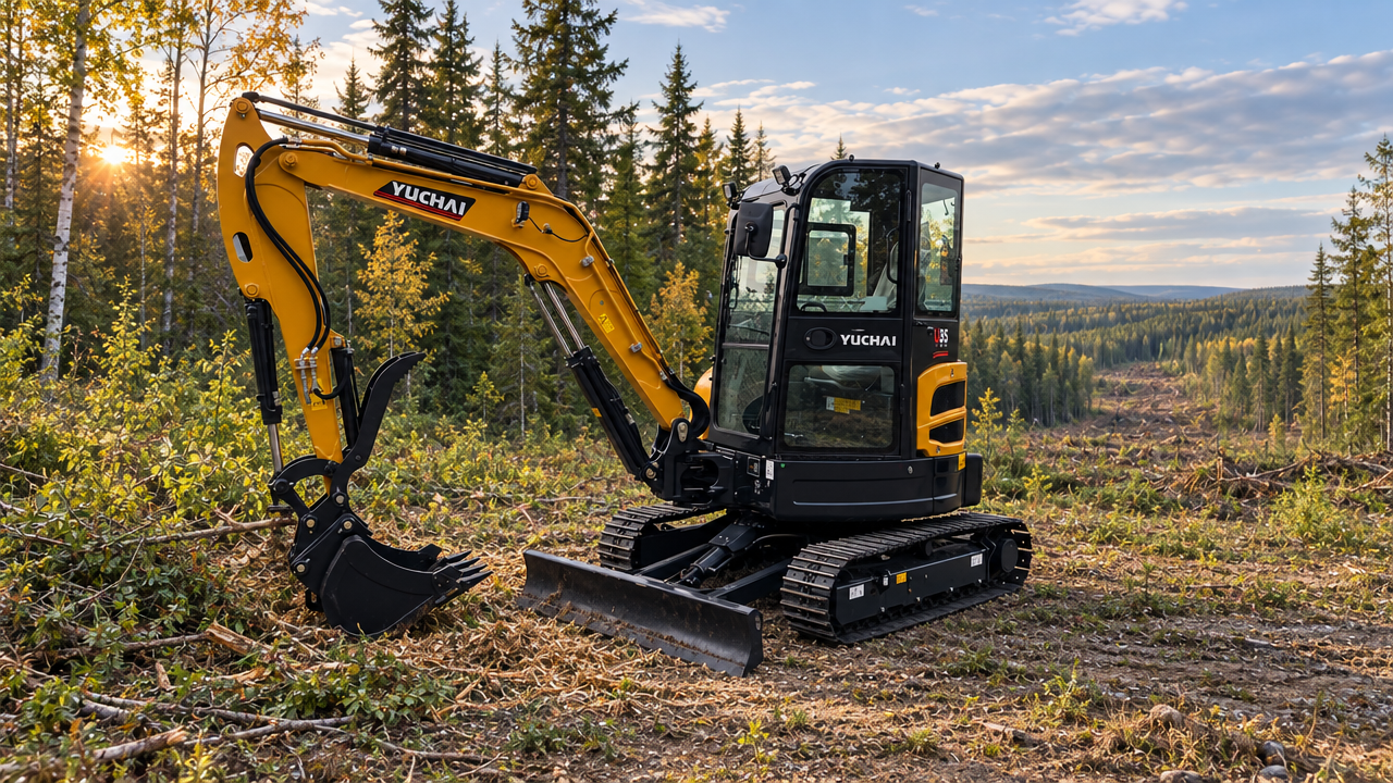 Small, yellow and black YUCHAI U18 excavator on tracks, outdoors.