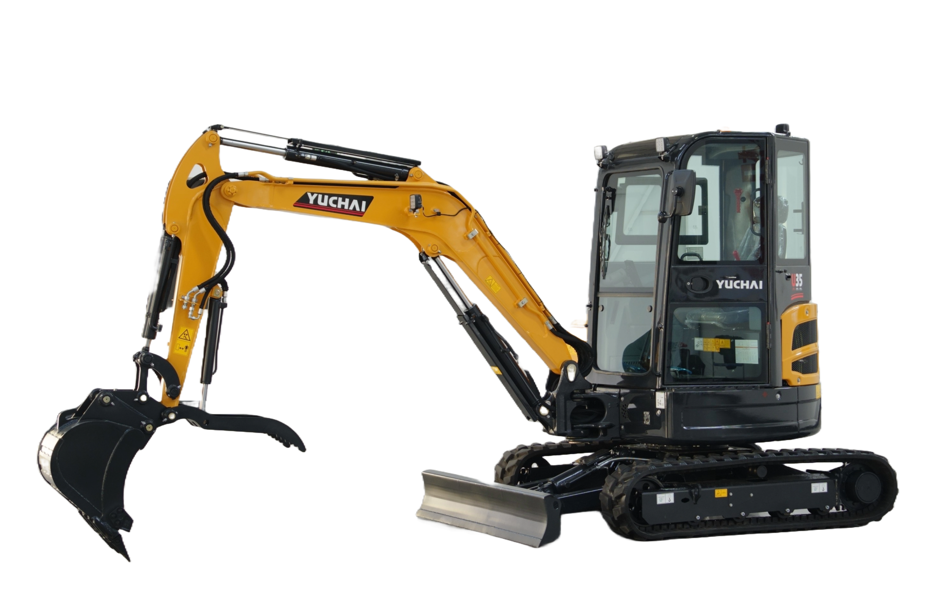 Yellow and black compact excavator with a bucket on a white background