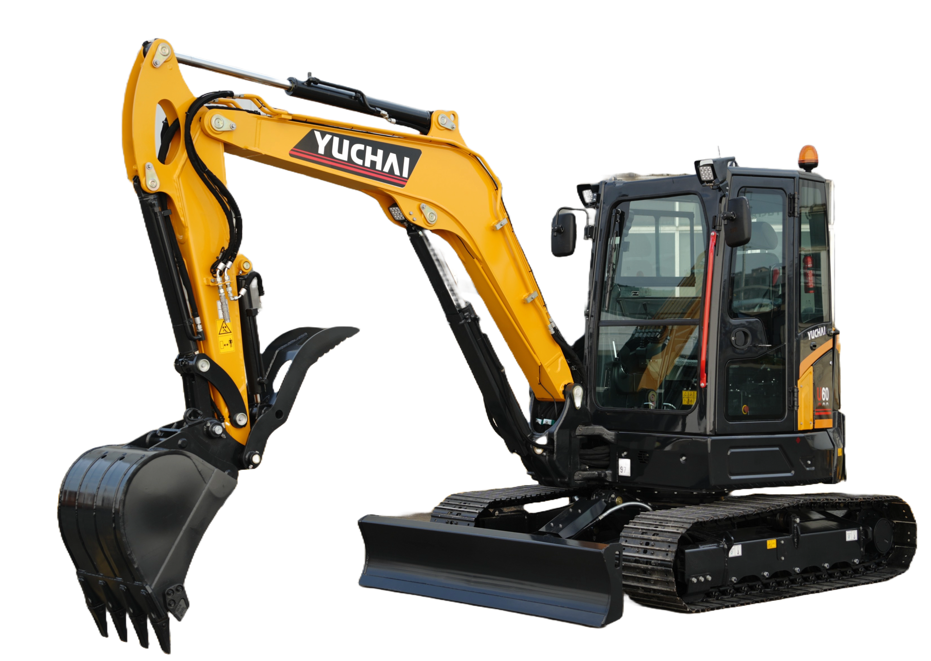 Yellow Yuchai mini excavator with black tracks and bucket, isolated on white background