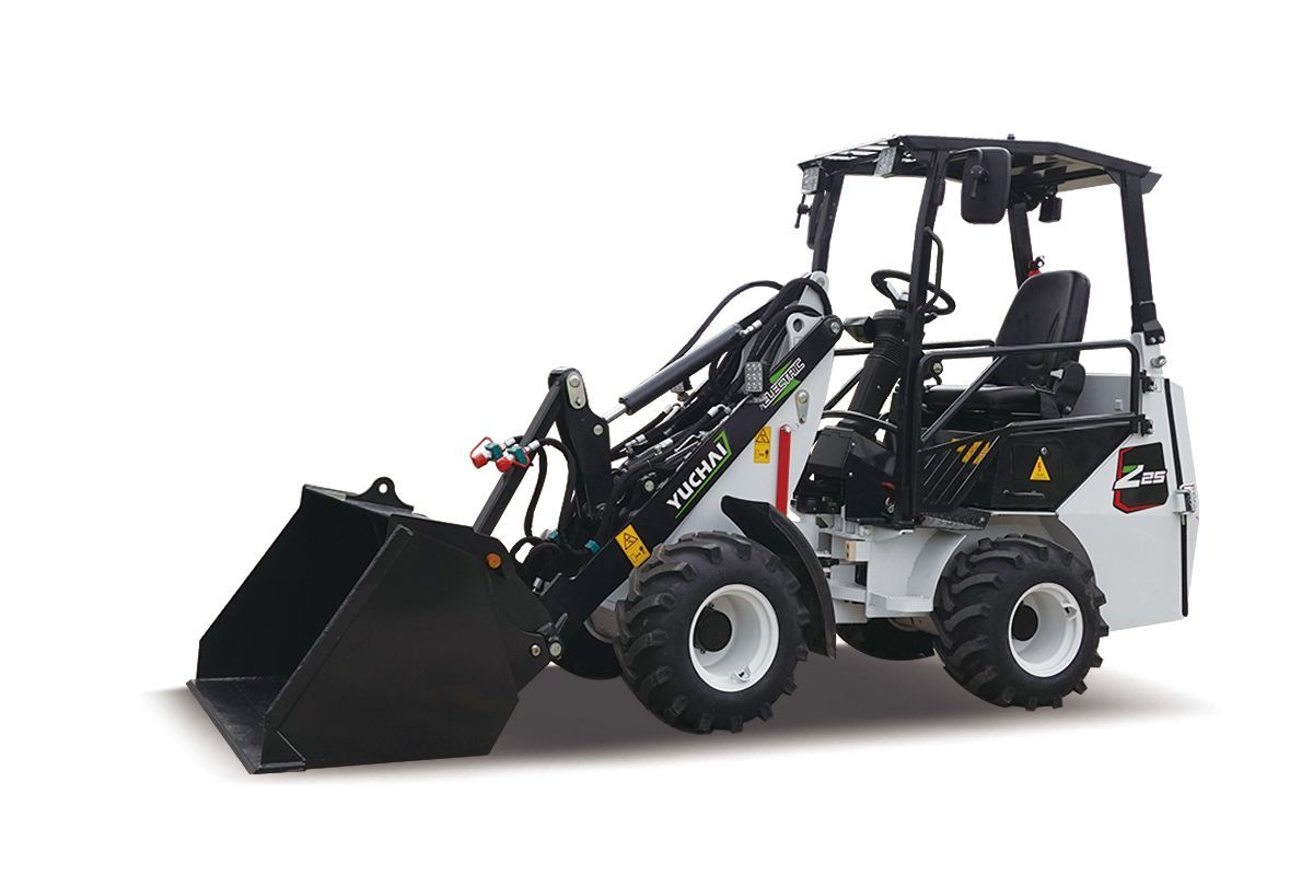 Black skid-steer loader with a front bucket on a white background