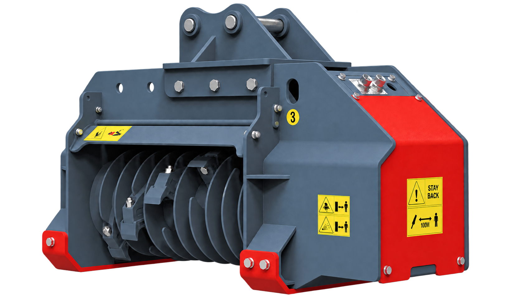 Gray and yellow grapple attachment for an excavator.