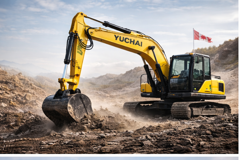 Yellow Yuchai YC205 excavator digging earth on a construction site with a Canadian flag in the background.