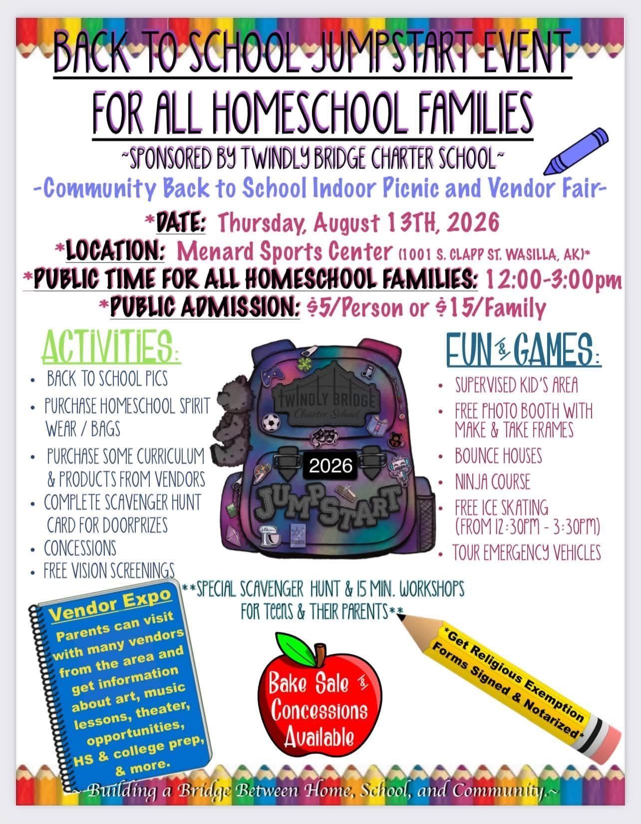 Back-to-school community fun day flyer for homeschool families with activities, games, date, time, and location.