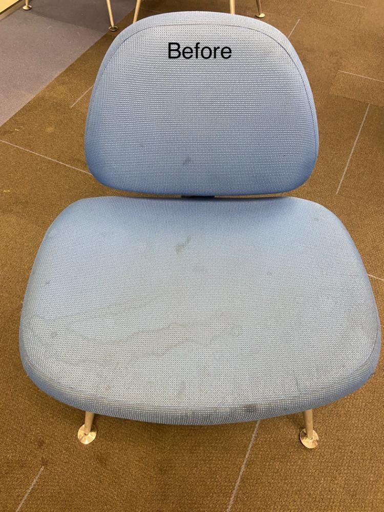 A blue chair with the word before written on it.