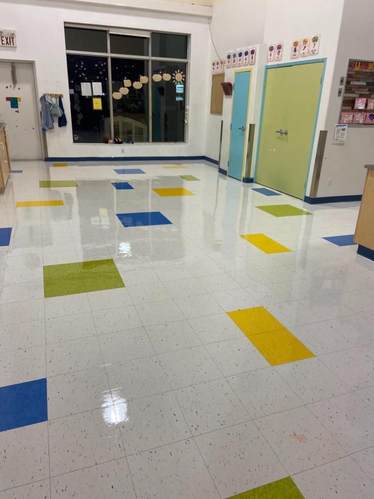 A hallway with colorful tiles professionally cleaned.