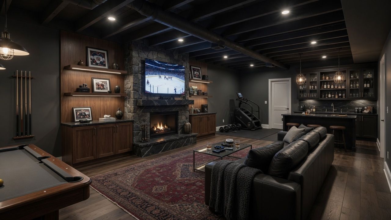 Cozy dark home theater in a basement with leather seating, fireplace, large TV, and pool table in the background