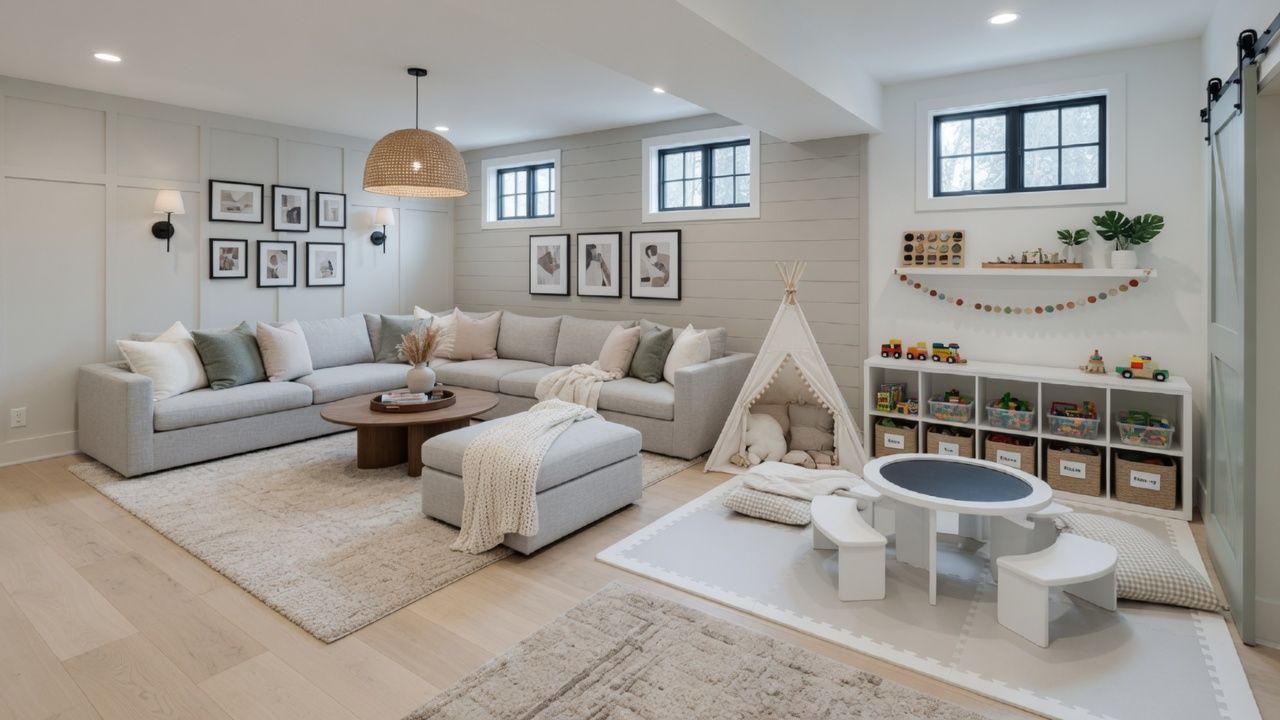 Bright, modern basement with neutral sofas, a coffee table, woven pendant light, and a children’s play area.
