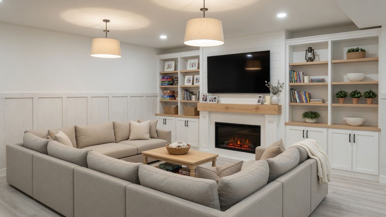 Cozy basement with a large gray sectional, fireplace, TV, built-in shelves, and soft neutral decor