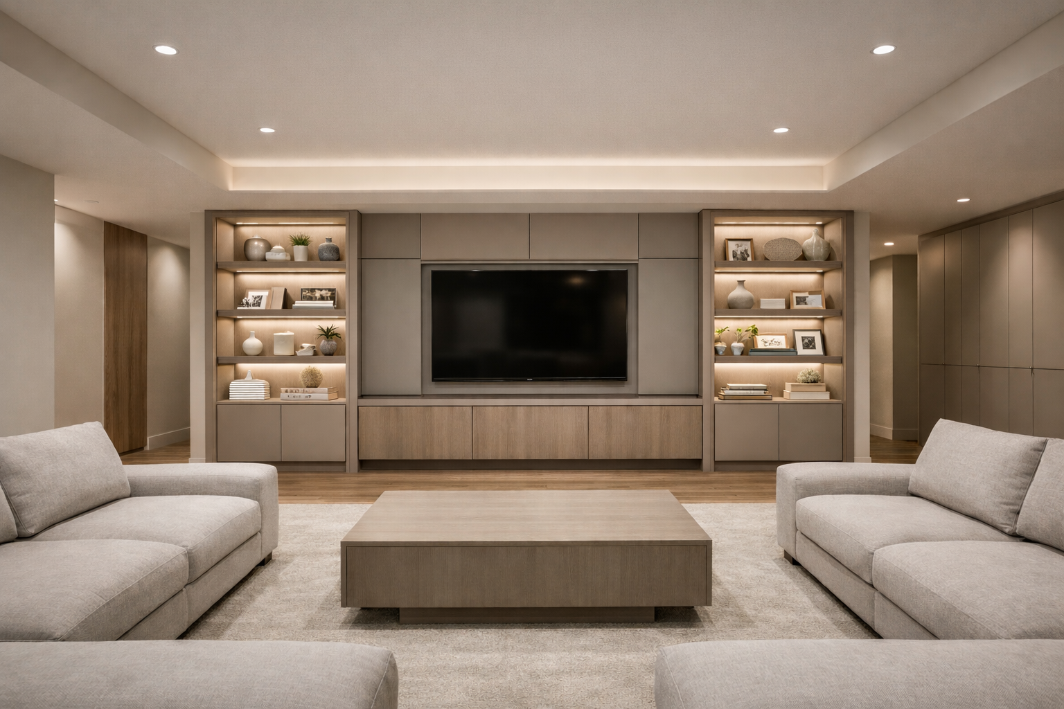 Modern basement with a large TV, built-in shelves, beige sofas, and a central coffee table.