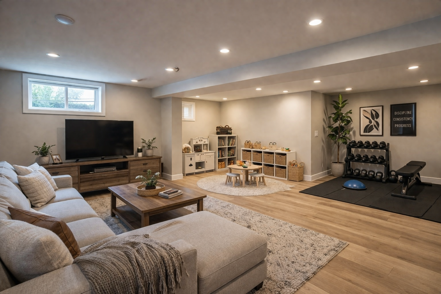 Spacious basement with sectional sofa, TV, coffee table, play area, and exercise bench on hardwood floors