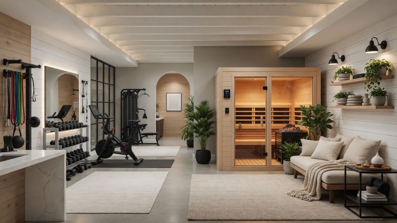 Modern basement wellness space with gym equipment, sauna, and cozy seating in a bright interior