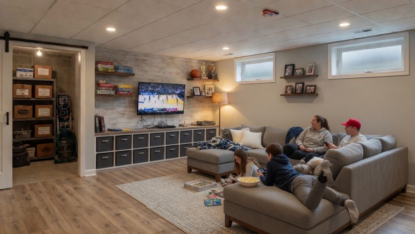 Basement with TV, gray sectional sofa, and three people sitting together on a couch.