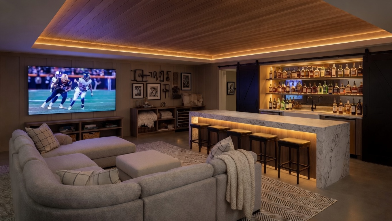 Cozy home theater in a basement with sectional sofa, wall-mounted TV, wood ceiling, and lit bar area