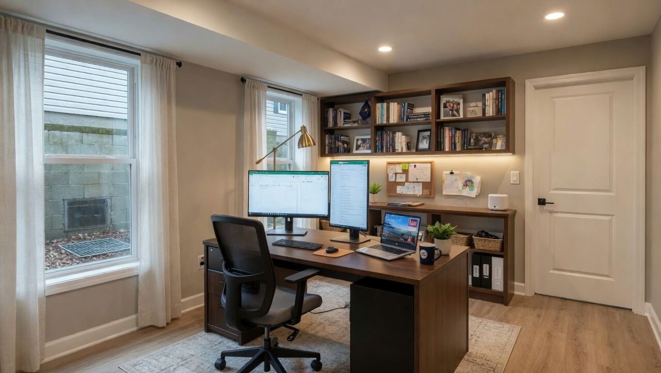 Basement home office with desk, dual monitors, black chair, bookshelf, window, and closet doors