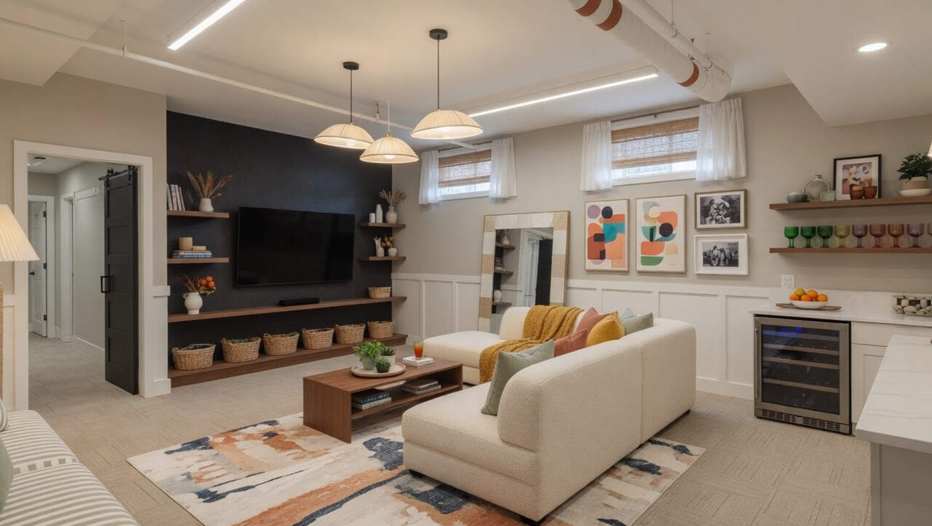 Modern basement with cream sofa, black fireplace, patterned rug, and framed wall art