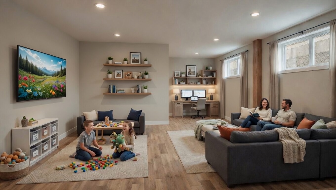 Modern basement with family playing on the floor and two people on a sofa near a TV and fireplace