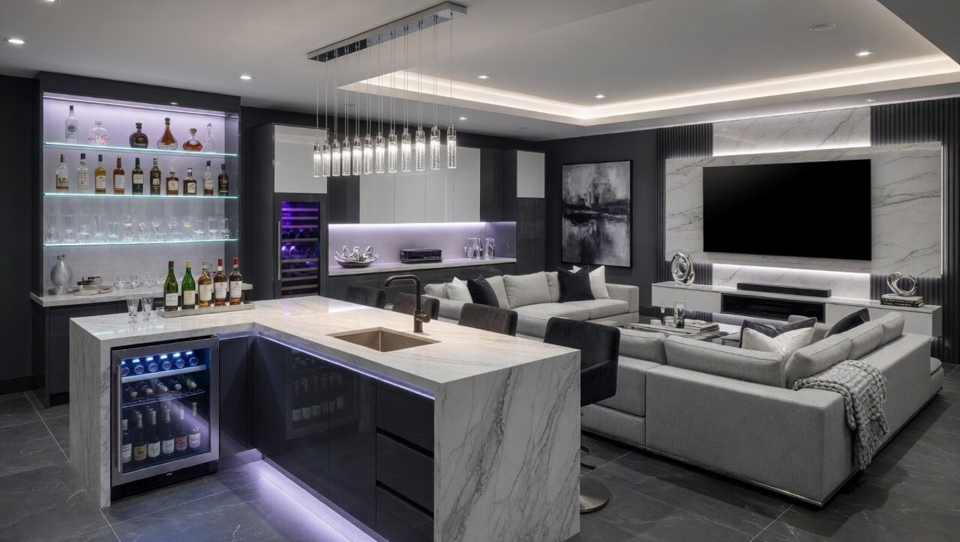 Modern luxury basement with gray sofas, marble island, backlit bar, and large wall-mounted TV