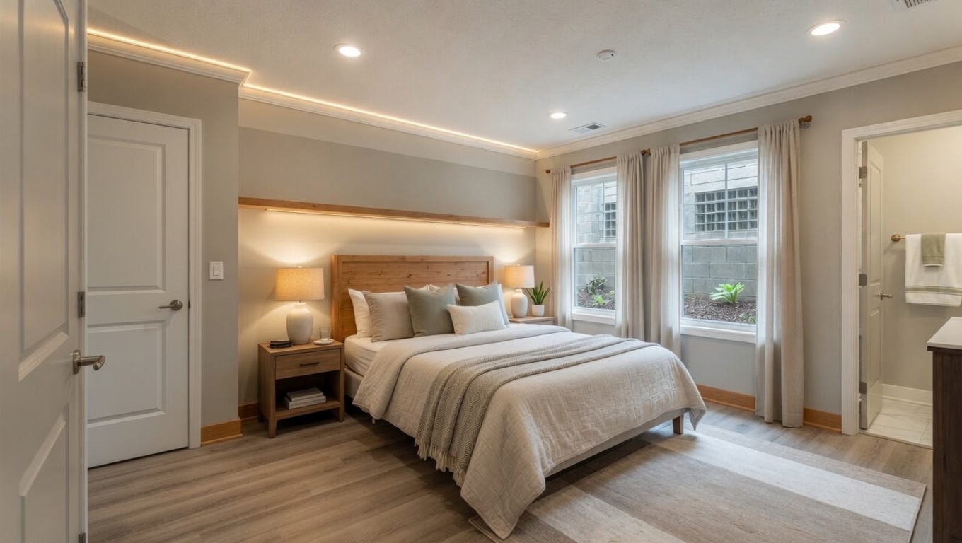 Bright beige basement bedroom with a king bed, bedside lamps, windows, and an adjoining bathroom door