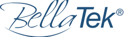 A blue and white logo for bella tek on a white background.