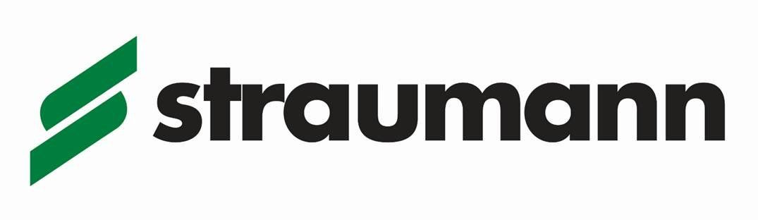 A straumann logo with a green arrow on a white background.