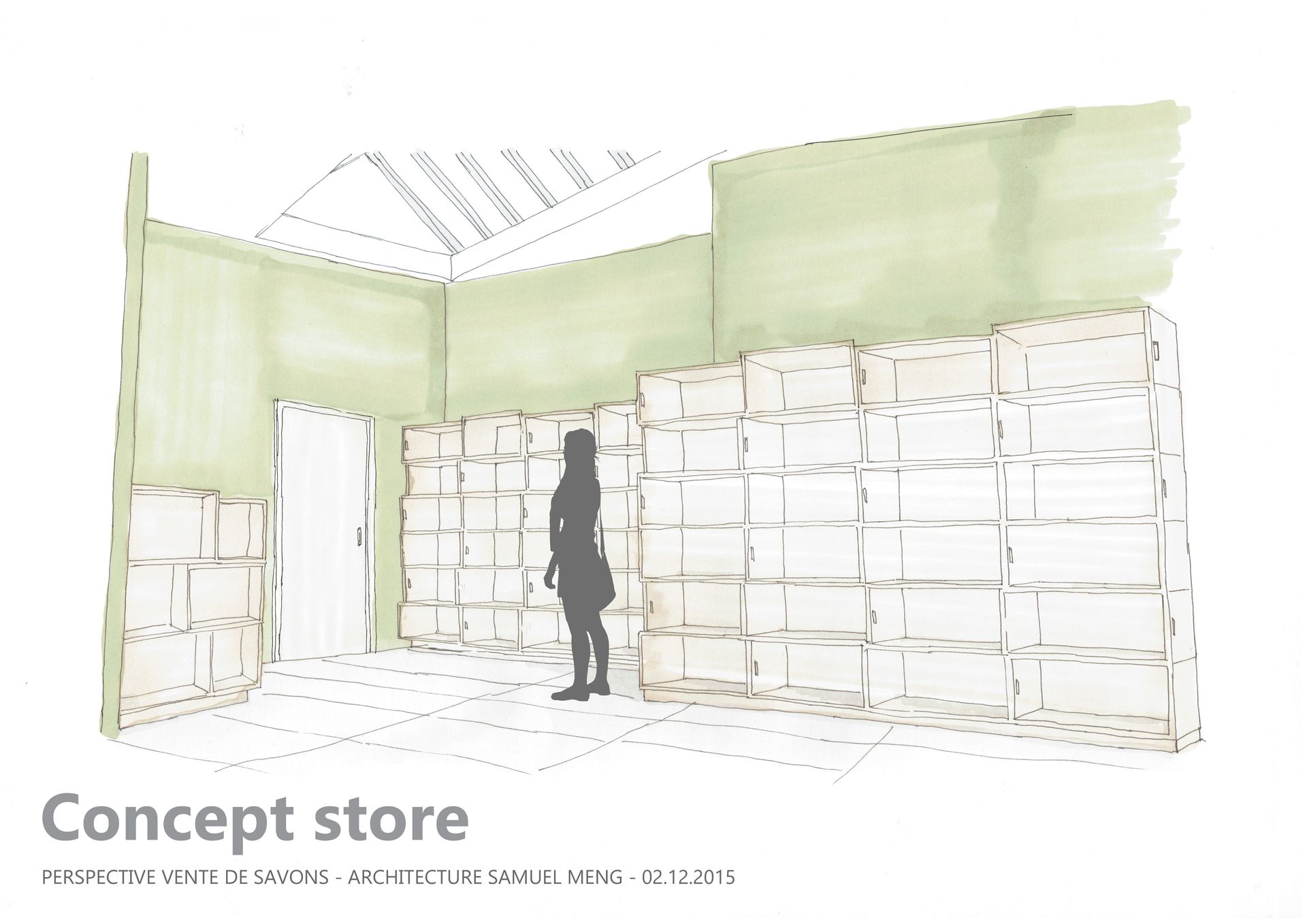 un croquis d' une femme debout à l' intérieur d' un concept store.
