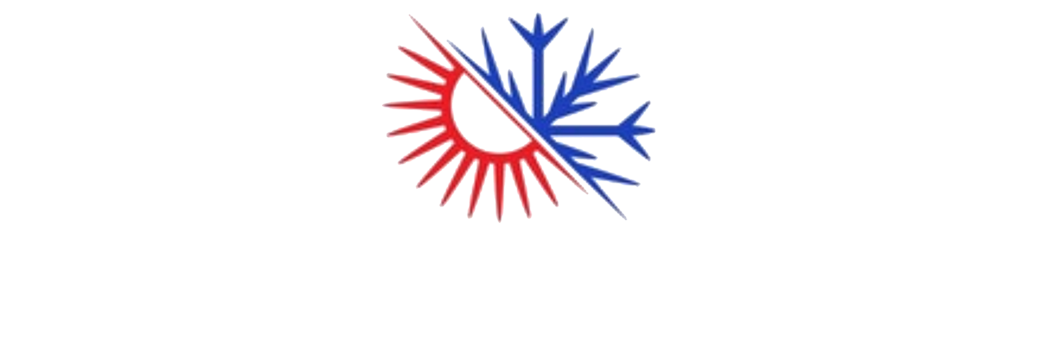 Logo with a red sun and a blue snowflake, representing heating and cooling.