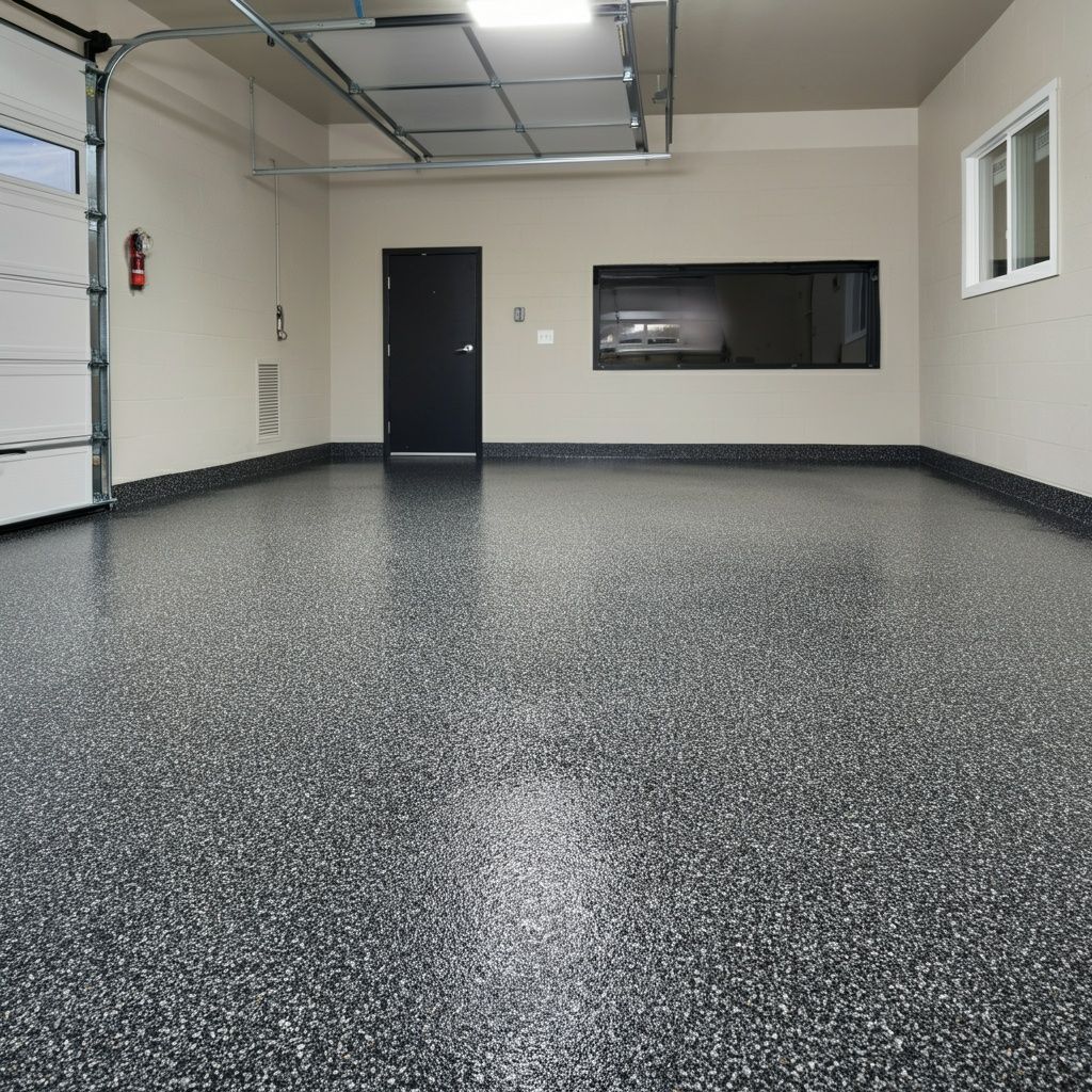 Empty garage with speckled epoxy floor, beige walls, and a dark door and window.