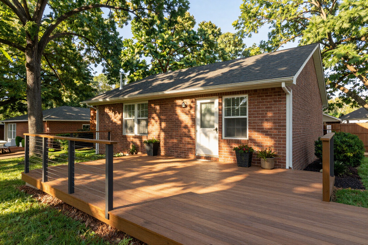 Completed deck with cable railing built on a brick home in Fayetteville, TN by Proverbs Construction