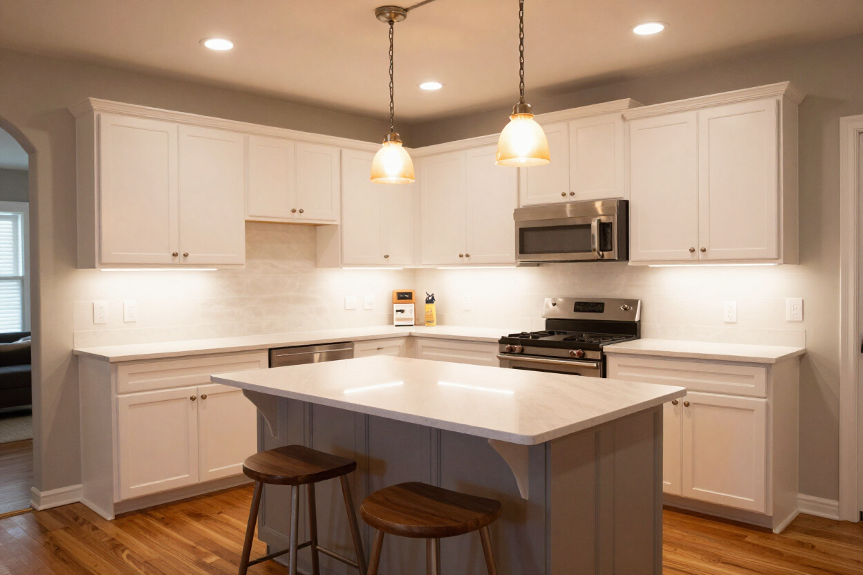 Completed kitchen remodel with white shaker cabinets and quartz countertops in Fayetteville, TN