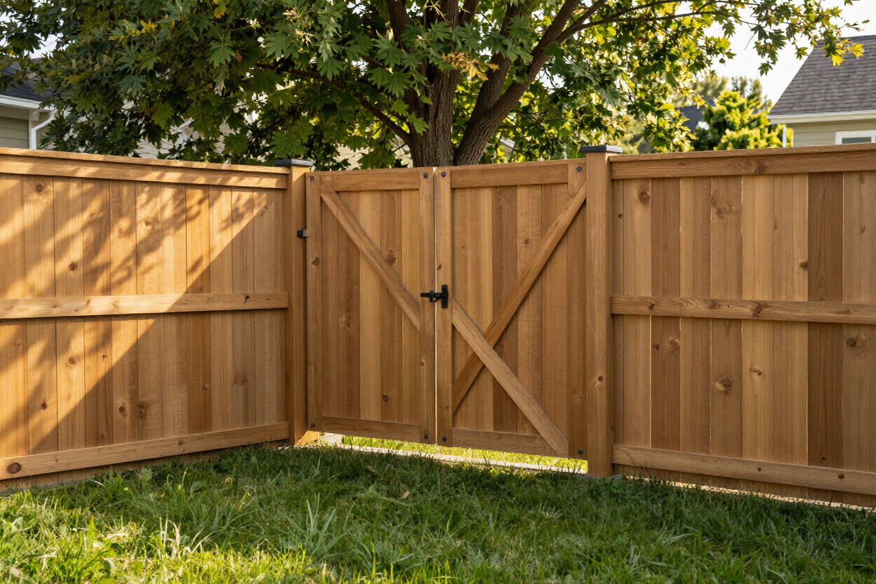 Completed wood privacy fence with gate in a residential backyard
