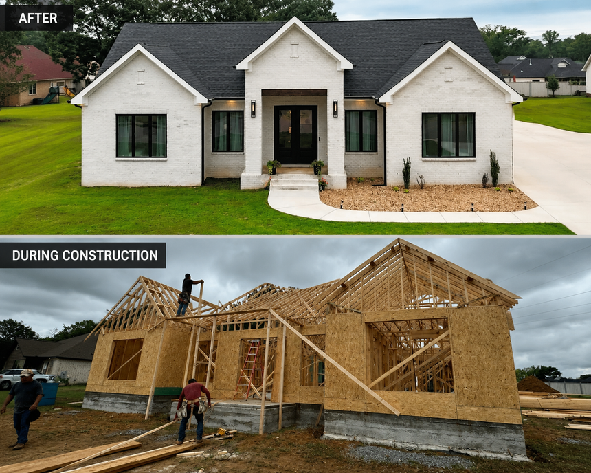 House exterior before and during construction, showing completed gray home above and framed wood build below
