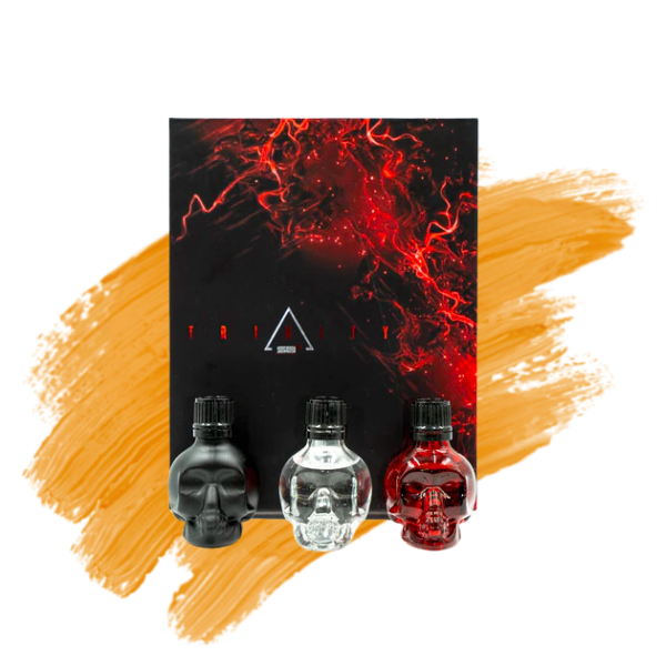 three bottles of perfume with skulls on them