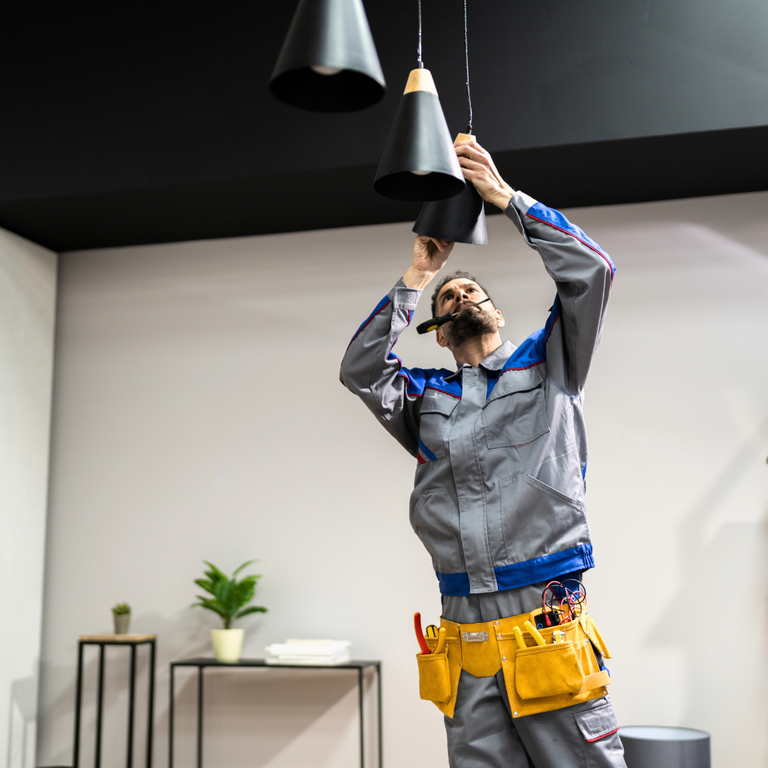 A man is fixing a light fixture in a living room.