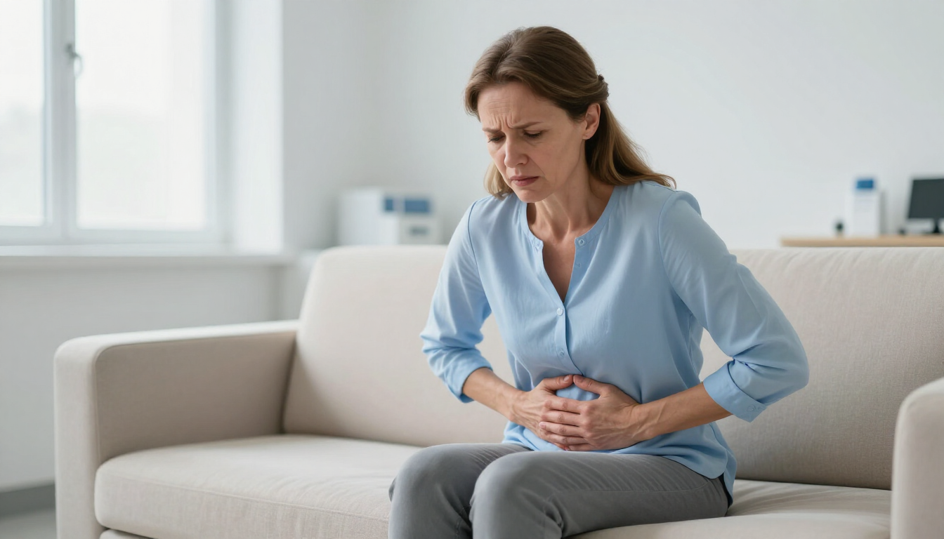 Mulher sentada em consultório com dor abdominal pressionando a barriga