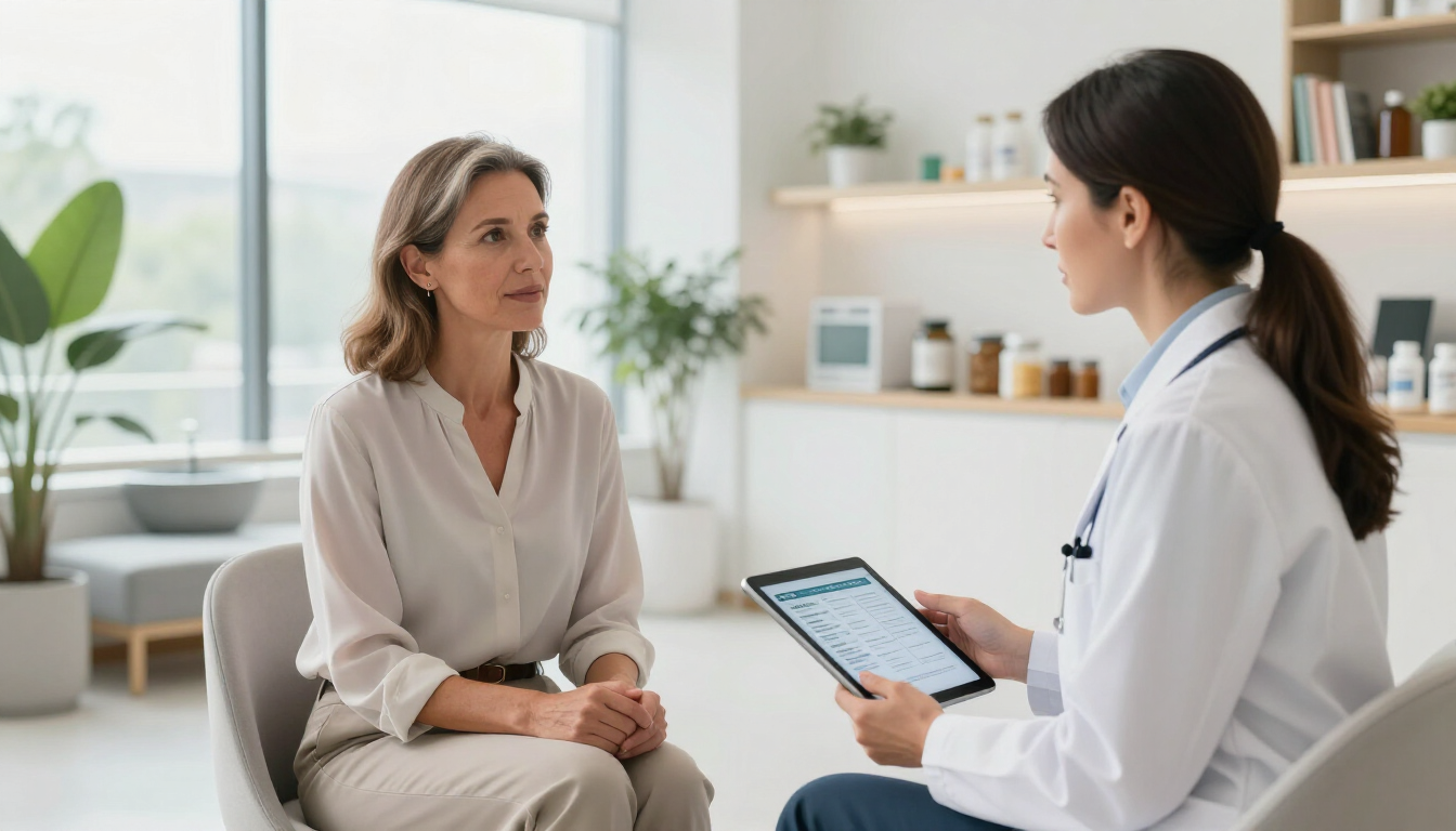 Nutricionista conversando com paciente sobre canetas emagrecedoras em ambiente moderno.