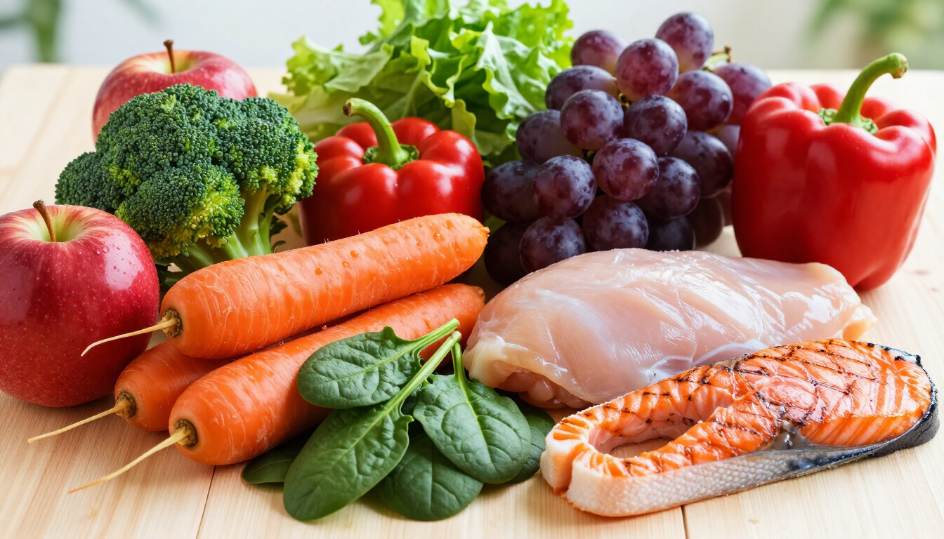 Variedade de alimentos frescos e coloridos representando nutrição saudável