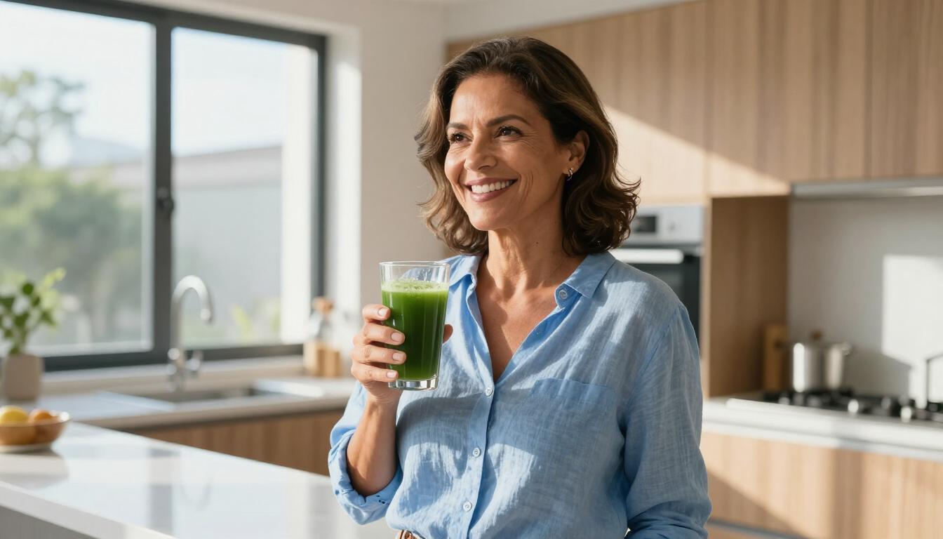 Mulher de 40 anos feliz em sua cozinha moderna com alimentos saudáveis