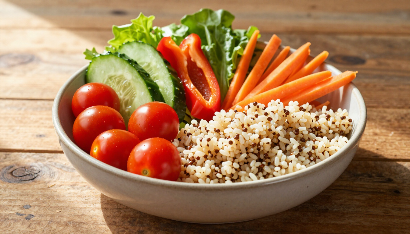 Prato saudável com cores vibrantes simbolizando reeducação alimentar.